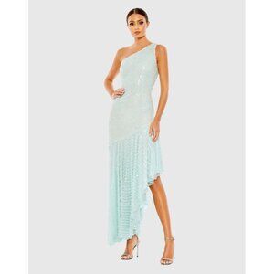 MAC DUGGAL Size 16 Green 93741 ONE SHOULDER Pearl Sequin Midi GOWN Formal Dress
